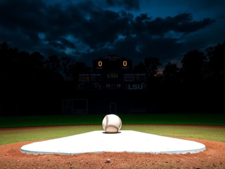 Flick International Dimly lit baseball field at dusk with pitcher’s mound and baseball under stadium lights