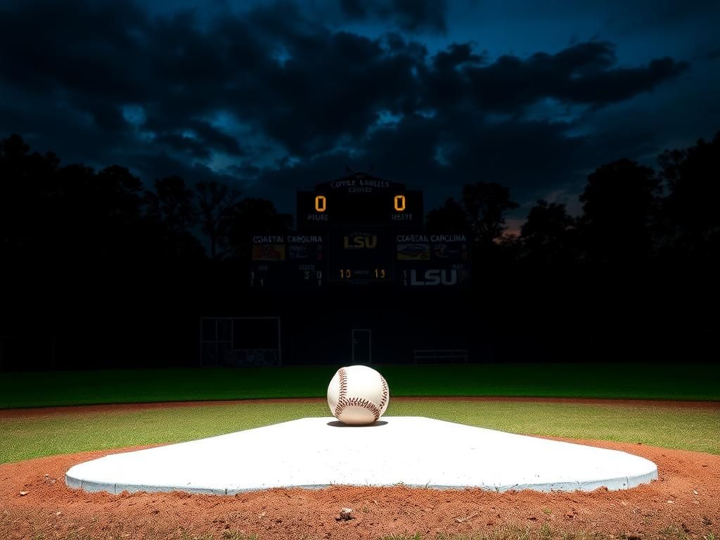 Flick International Dimly lit baseball field at dusk with pitcher’s mound and baseball under stadium lights