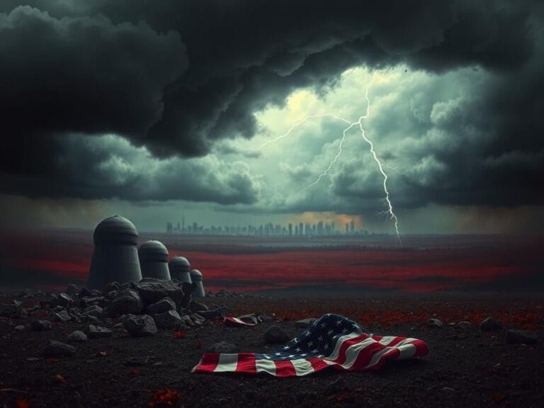 Flick International Abstract landscape with dark storm clouds and crumbling concrete structures resembling military bunkers