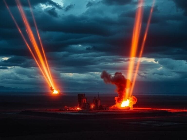 Flick International A dramatic night sky illuminated by airstrike streaks over a desolate landscape in Iran