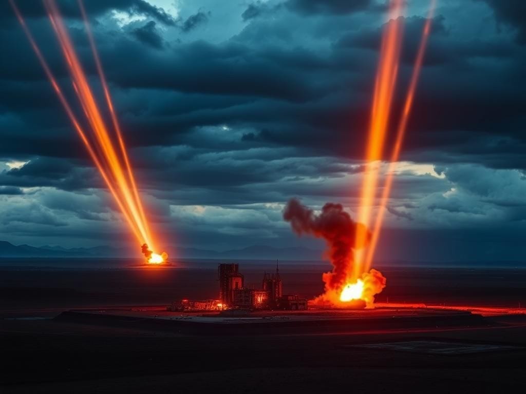 Flick International A dramatic night sky illuminated by airstrike streaks over a desolate landscape in Iran