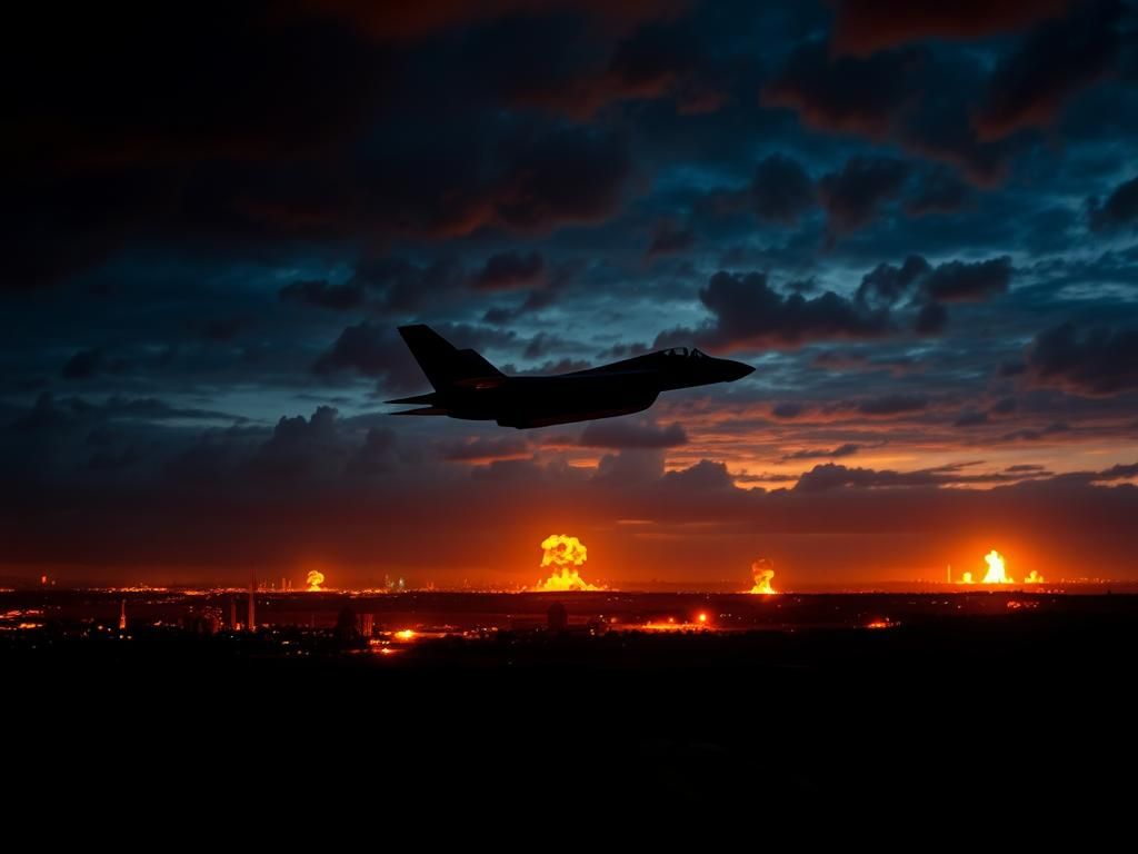 Flick International Silhouette of a military aircraft flying over Iranian nuclear facilities amidst glowing explosions at night