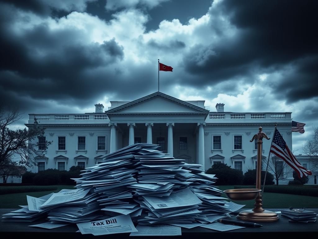 Flick International The White House façade under a stormy sky representing political conflict