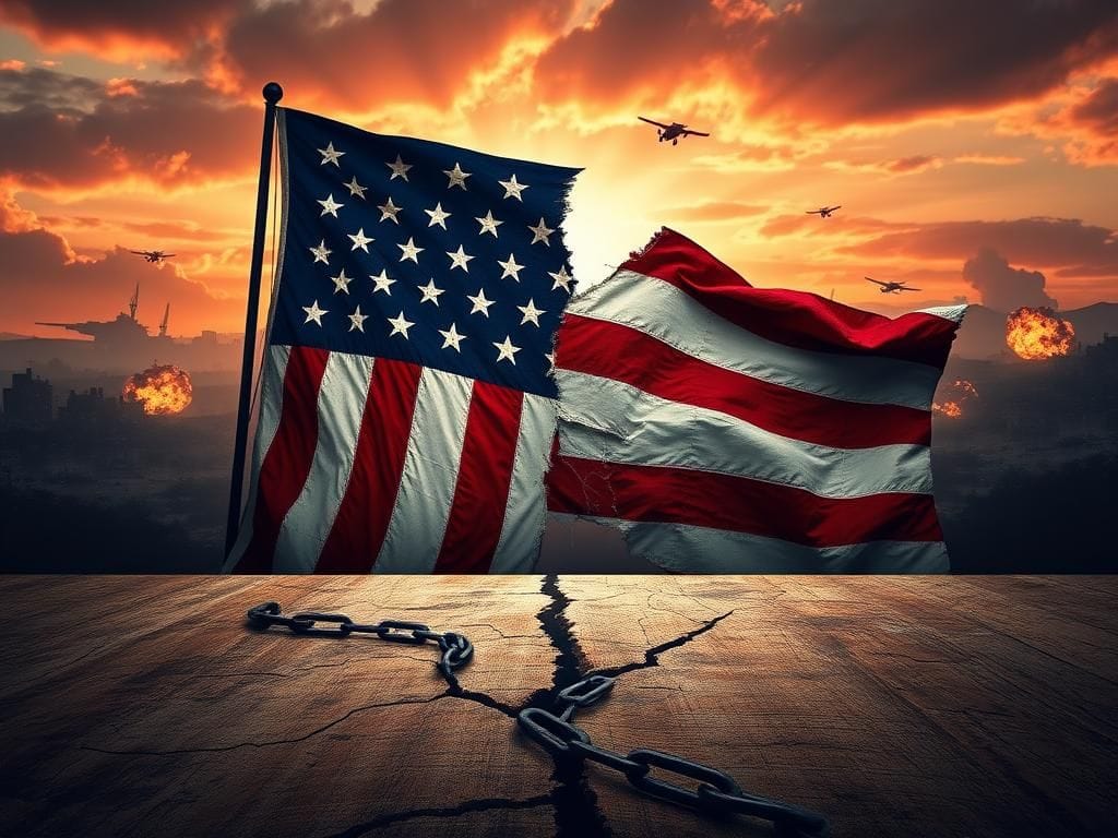 Flick International Tattered American flag blending into a war-torn skyline symbolizing national division and conflict