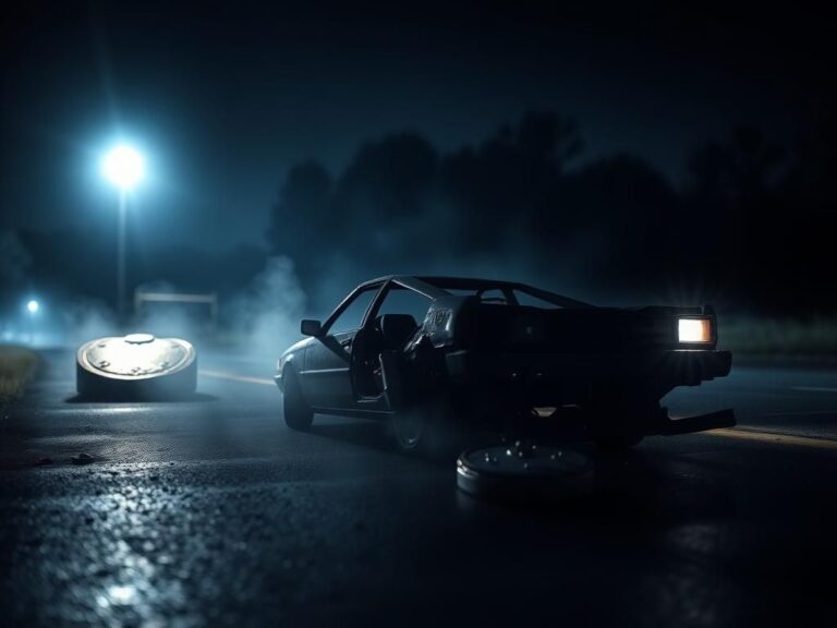 Flick International Dimly lit car wreck at night illuminated by police lights