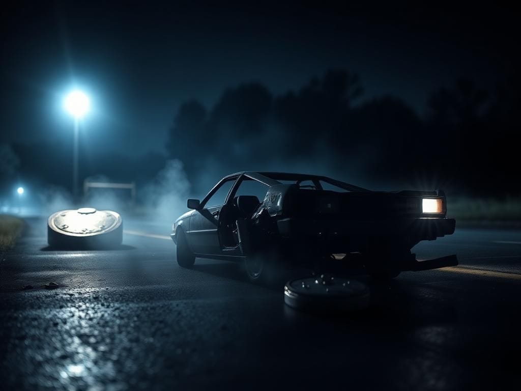 Flick International Dimly lit car wreck at night illuminated by police lights