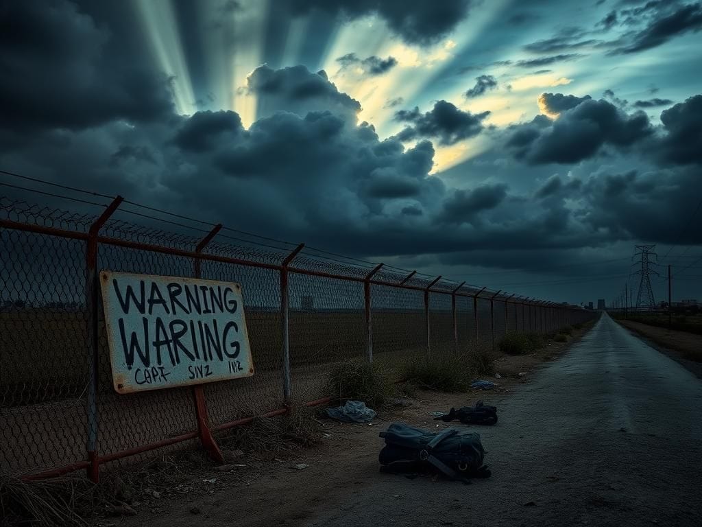 Flick International Tense scene of the U.S.-Mexico border at dusk with a rusted fence and ominous clouds
