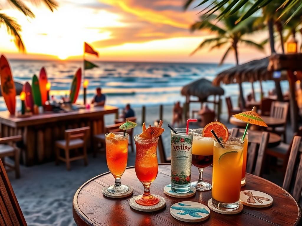 Flick International A vibrant beachside bar at sunset with tiki torches and rustic furniture