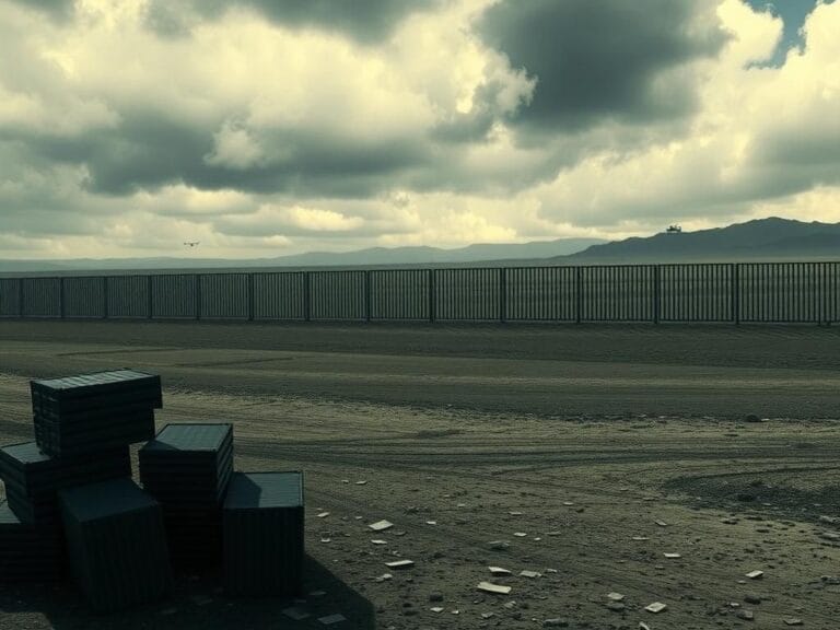 Flick International Dramatic border landscape featuring a border wall under a cloudy sky