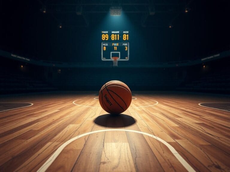 Flick International Dusk basketball court showcasing an empty hardwood floor with faint three-point line markings and a shadowed basketball at the center
