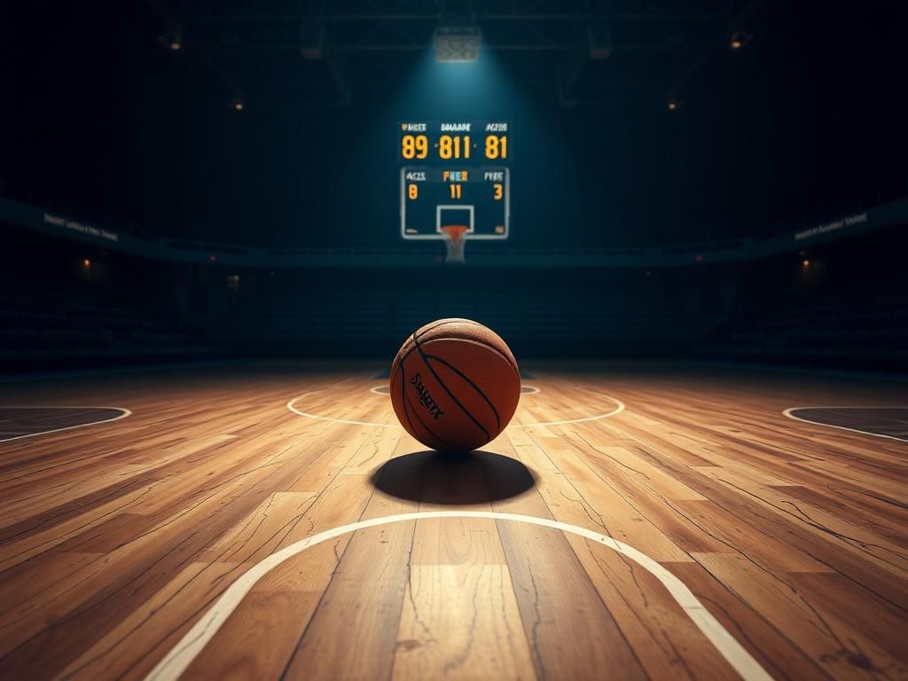 Flick International Dusk basketball court showcasing an empty hardwood floor with faint three-point line markings and a shadowed basketball at the center