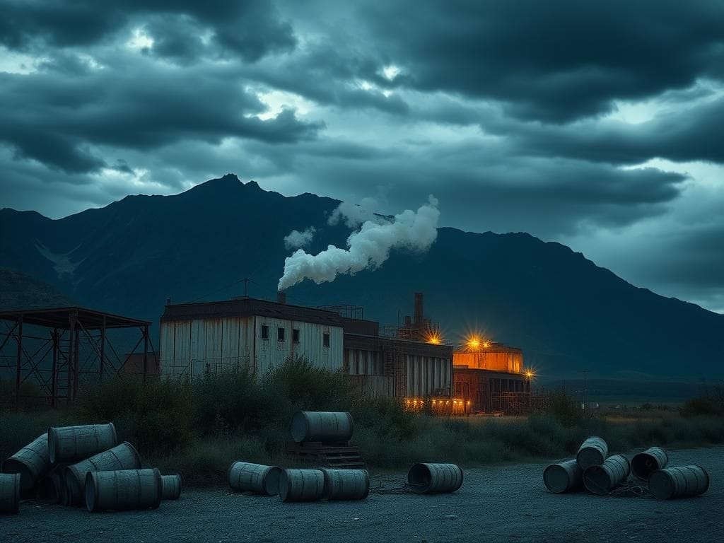 Flick International Weathered nuclear facility obscured by vegetation with dark mountains and smoke
