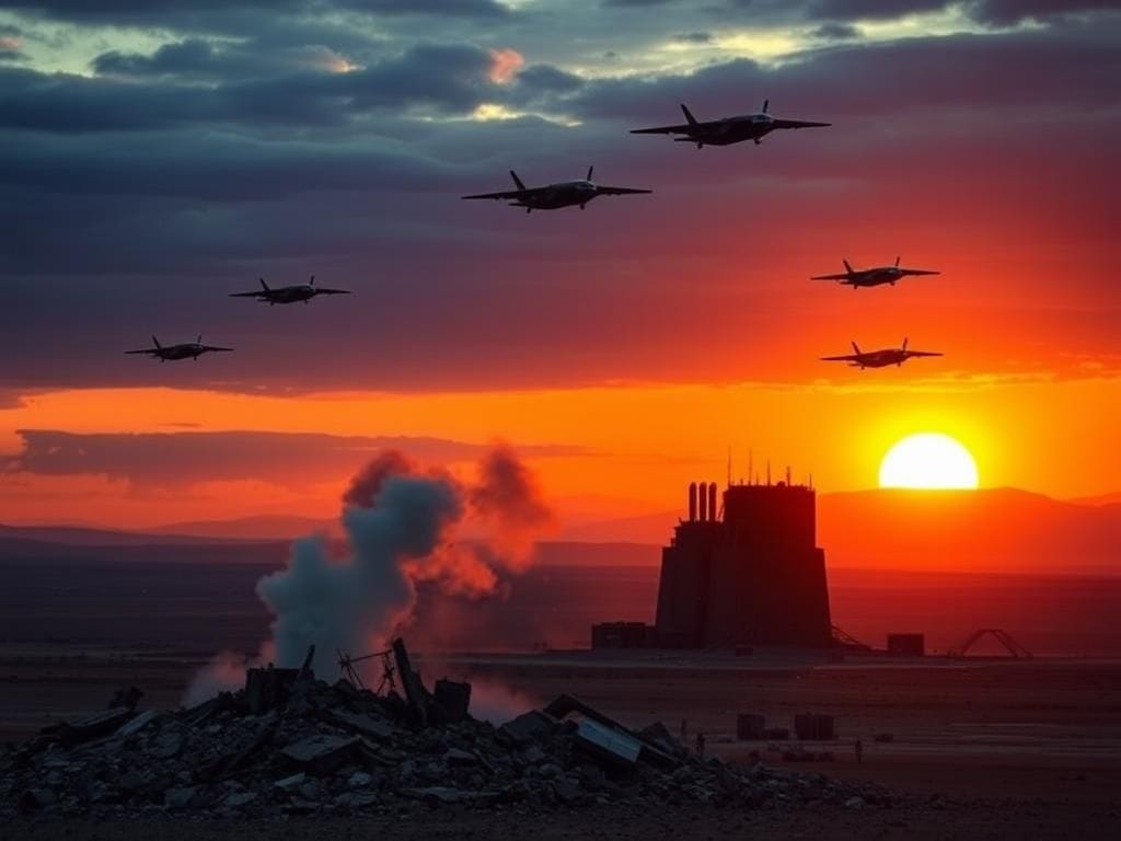 Flick International Aerial view of an Iranian nuclear facility damaged by military strikes during sunset
