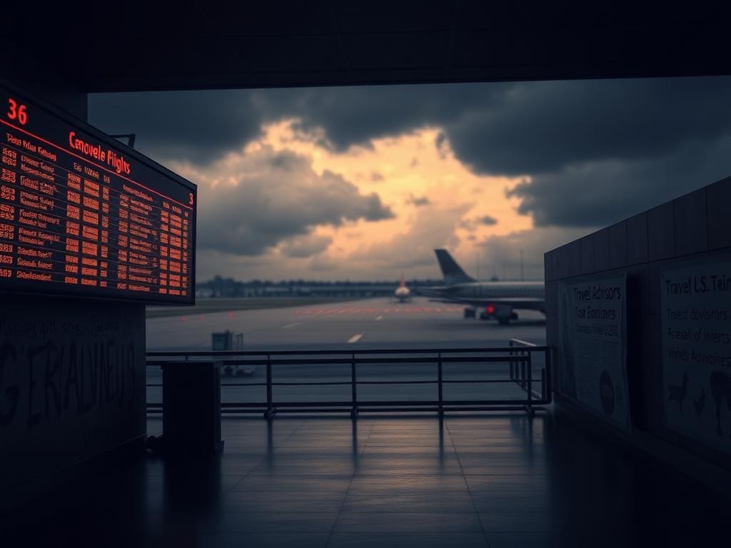 Flick International Empty airport terminal highlighting travel disruption amid geopolitical tensions