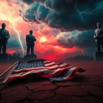 Flick International A surreal digital landscape depicting a fractured political world with a shattered American flag.