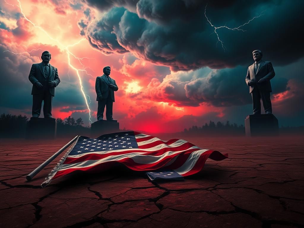 Flick International A surreal digital landscape depicting a fractured political world with a shattered American flag.