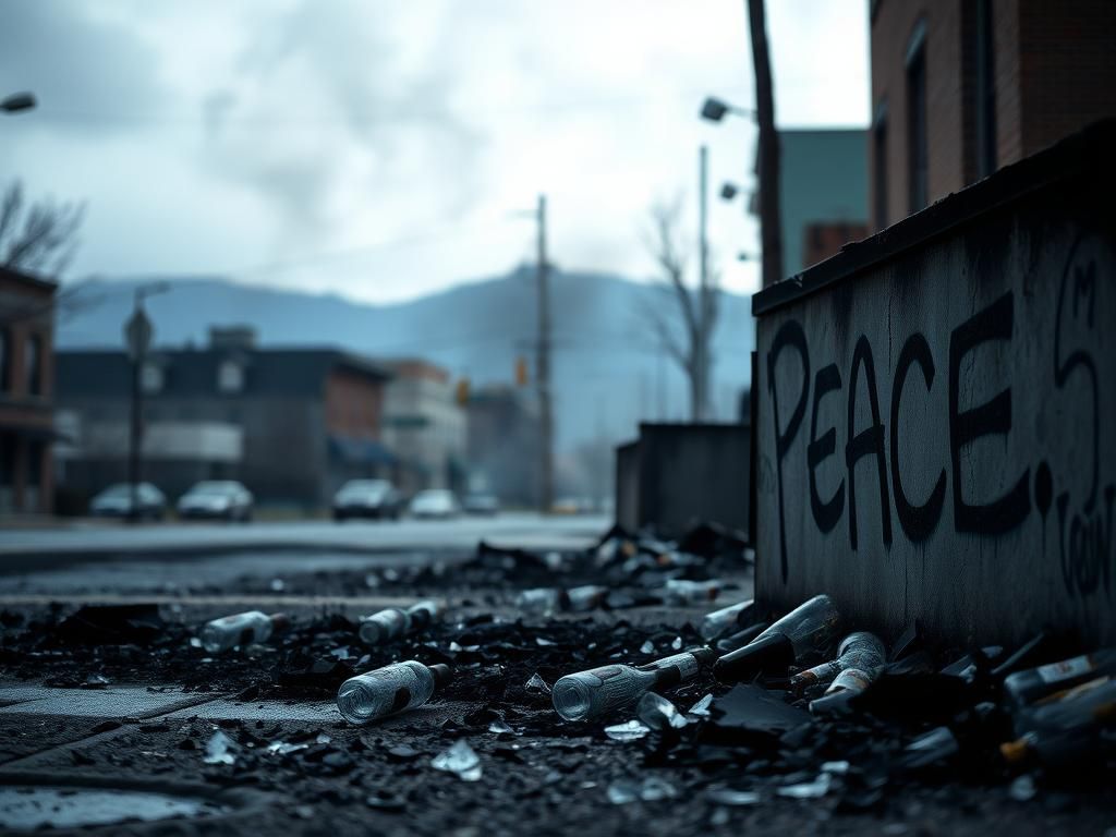 Flick International A solemn scene of a partially charred street in Boulder, Colorado, with remains of shattered glass bottles
