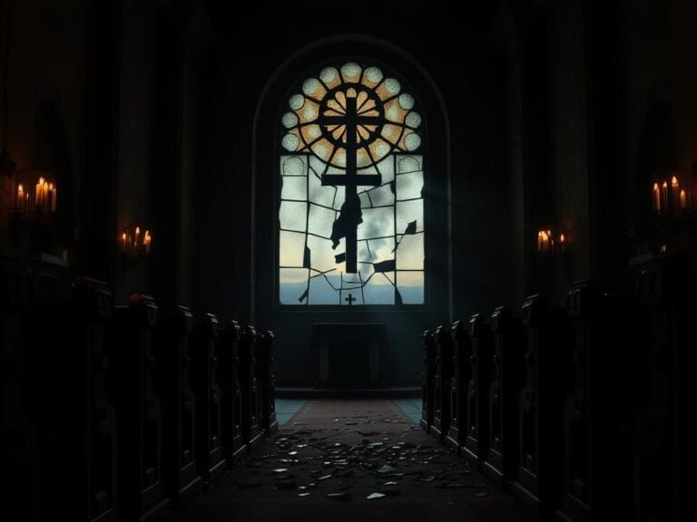 Flick International Dimly lit Greek Orthodox church interior with shattered stained glass and smoke hinting at chaos after suicide bombing