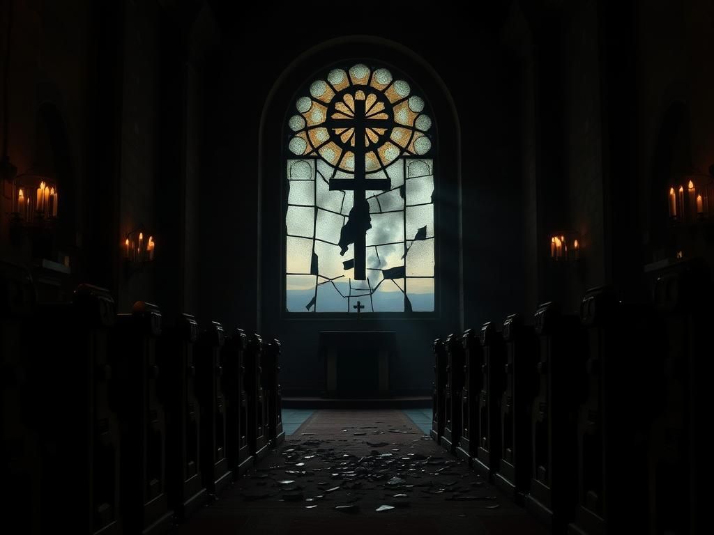 Flick International Dimly lit Greek Orthodox church interior with shattered stained glass and smoke hinting at chaos after suicide bombing