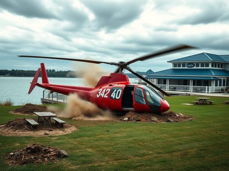Flick International overturned red helicopter crash site behind Cabana Blue restaurant in Clay Township, Michigan
