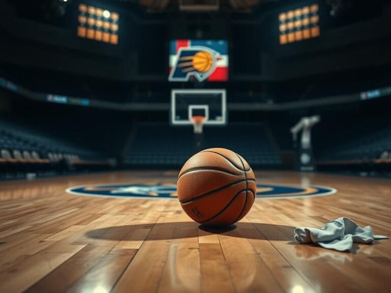 Flick International A dramatic scene of a single basketball lying on the hardwood floor under spotlight after Tyrese Haliburton's injury.