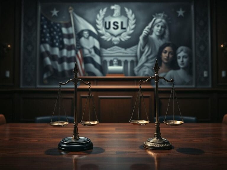 Flick International A somber courtroom scene featuring an empty judge's bench and gavel, emphasizing a legal battle over immigration issues.