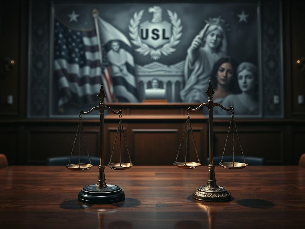 Flick International A somber courtroom scene featuring an empty judge's bench and gavel, emphasizing a legal battle over immigration issues.