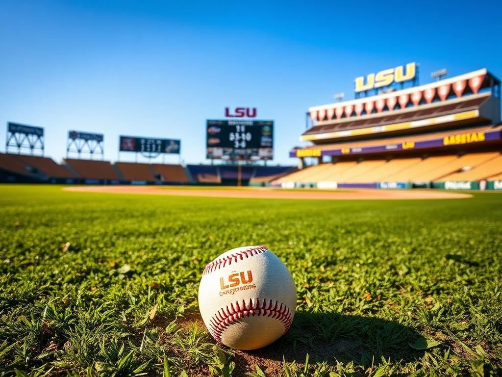 Flick International A vibrant baseball field featuring LSU's colors and a worn baseball symbolizing competition