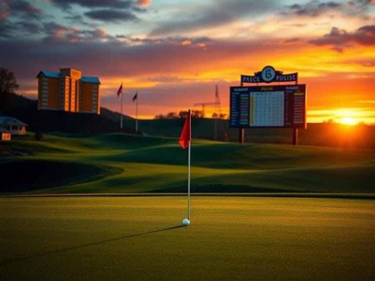 Flick International Dramatic sunset at TPC River Highlands showcasing the 18th hole with a pristine golf ball and tee