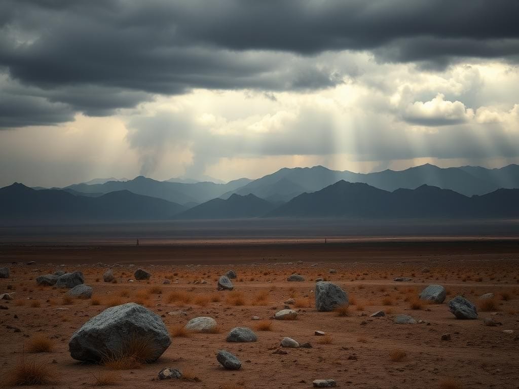 Flick International Aerial view of barren desert landscape in Iran with rugged mountains and smoke