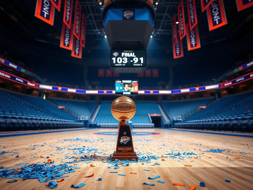 Flick International Shining Larry O’Brien Trophy on hardwood floor surrounded by confetti in Oklahoma City Thunder colors