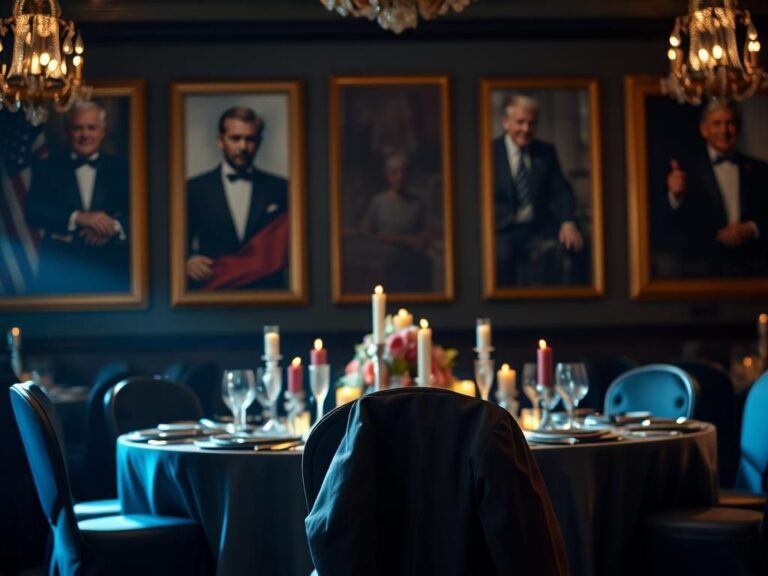 Flick International Elegant fundraising gala setting with an empty chair and silk suit jacket