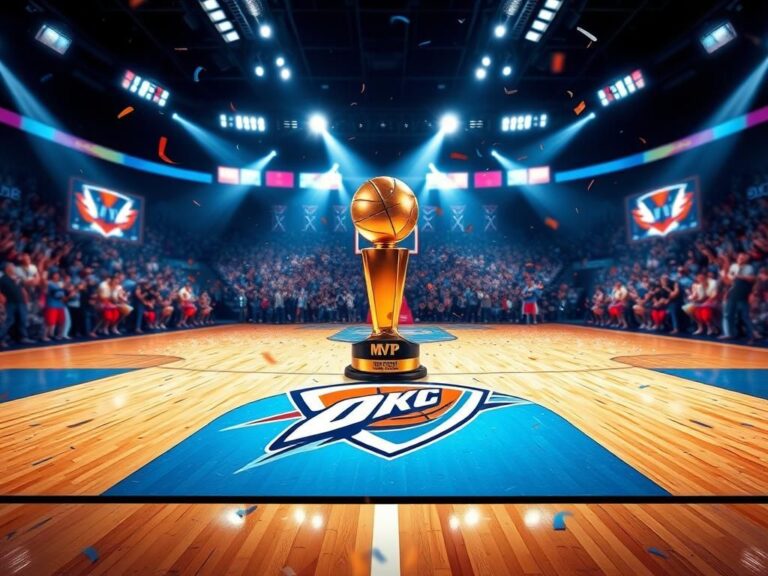 Flick International Shai Gilgeous-Alexander celebrating with MVP trophy on a basketball court