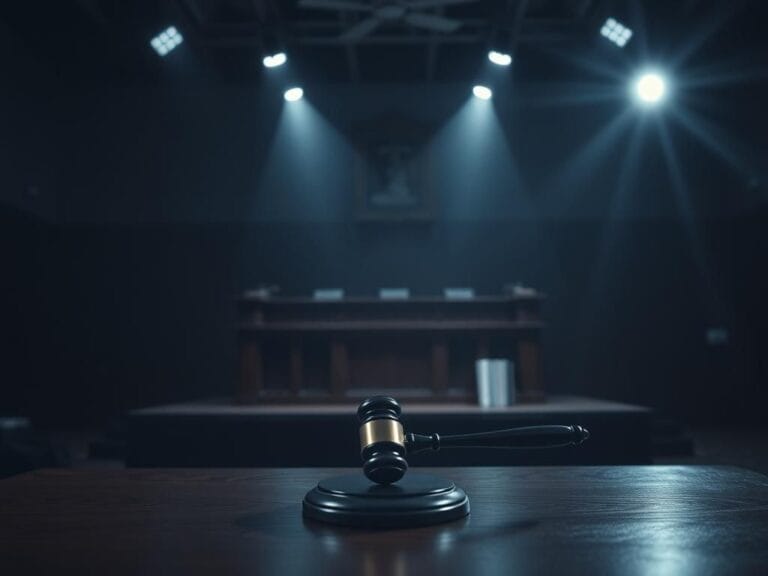 Flick International Empty witness stand in a dark courtroom symbolizing uncertainty
