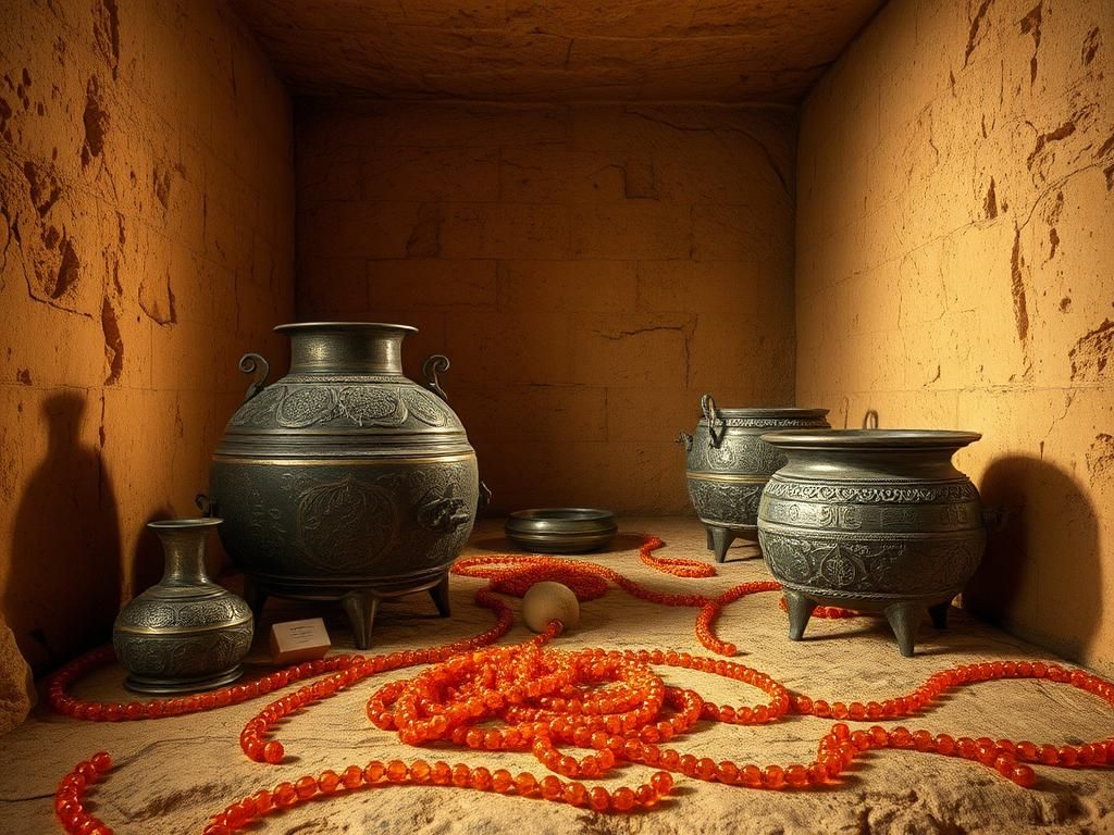 Flick International Interior view of an ancient royal tomb with bronze vessels and funeral artifacts