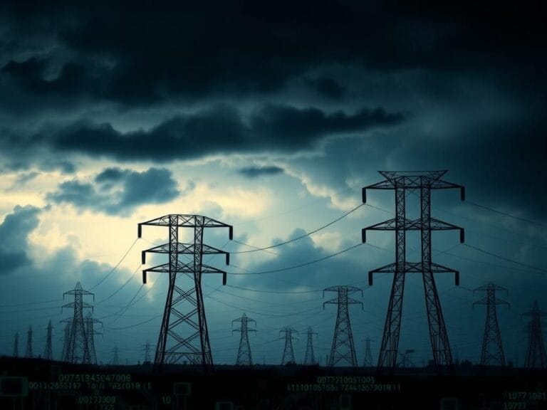 Flick International Darkening skyline with silhouetted power grid structures against an ominous sky representing vulnerabilities to cyberattacks