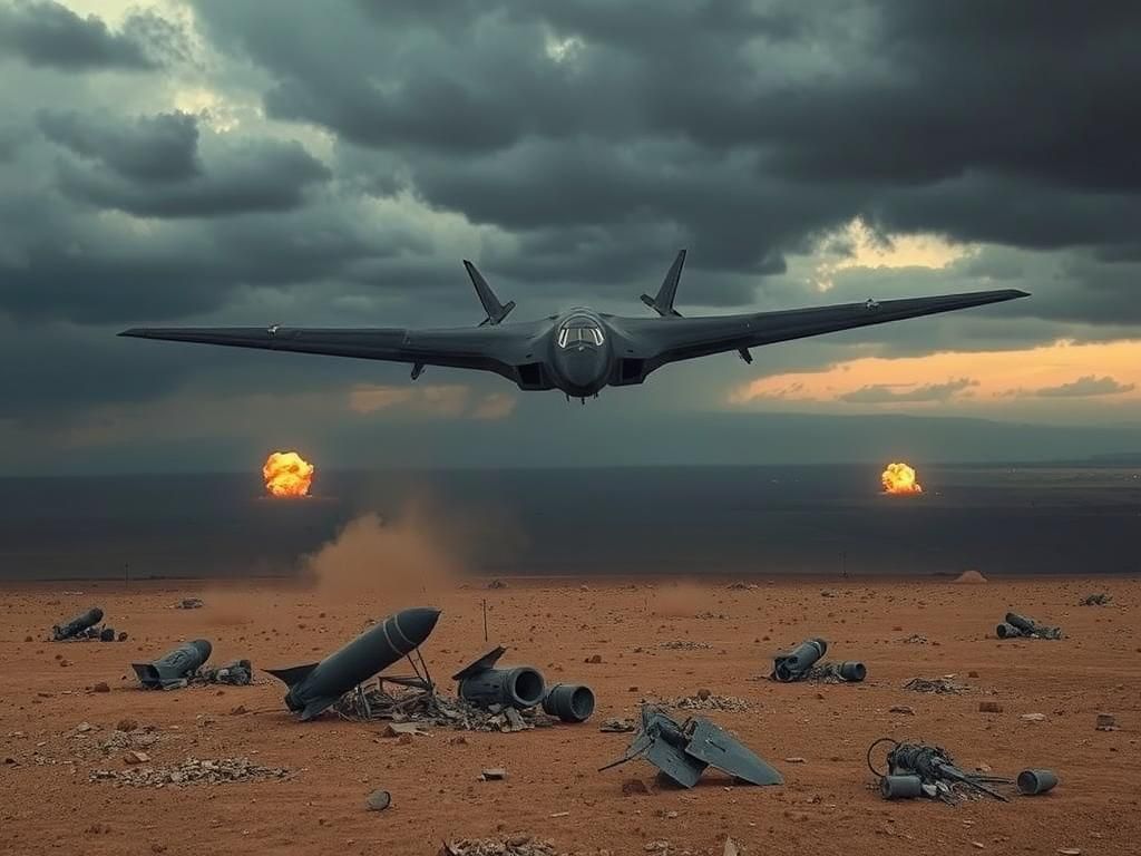 Flick International A B-2 Spirit stealth bomber flies over a barren desert landscape marked by debris from military operations.