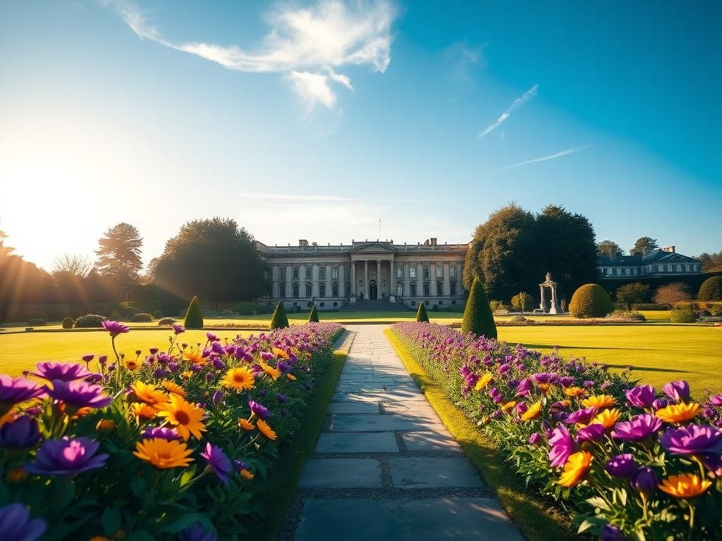 Flick International Serene view of a royal estate with manicured garden and elegant palace in the background