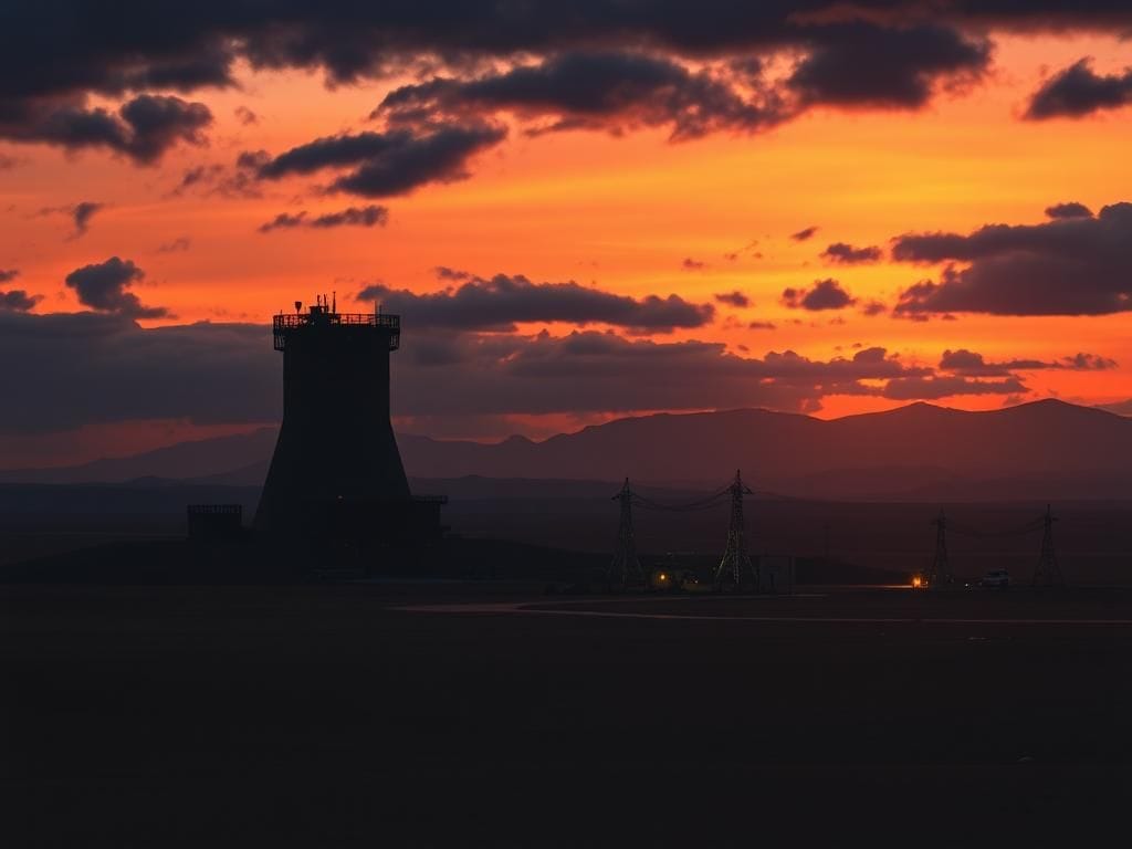 Flick International Dramatic Iranian desert landscape at twilight with nuclear facility silhouettes