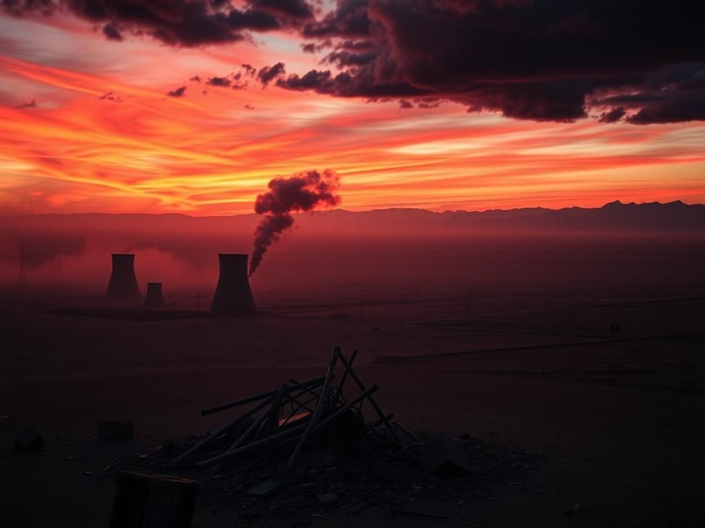 Flick International Aerial view of barren desert landscape with shadowy outlines of nuclear facilities