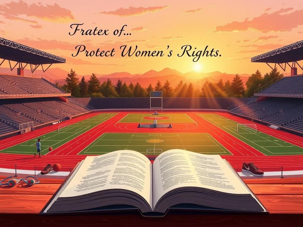 Flick International Illustration of a vibrant sports arena at dawn with scattered sports equipment and an open book symbolizing women's empowerment
