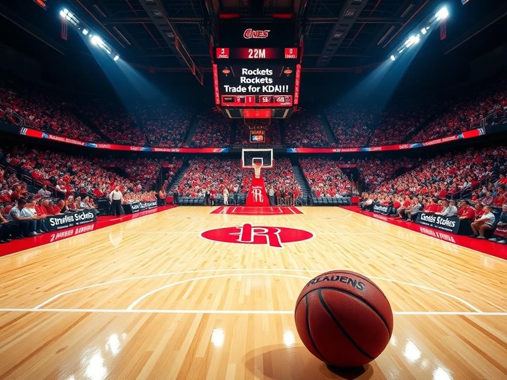 Flick International Vibrant basketball court featuring Houston Rockets logo with fans in attendance