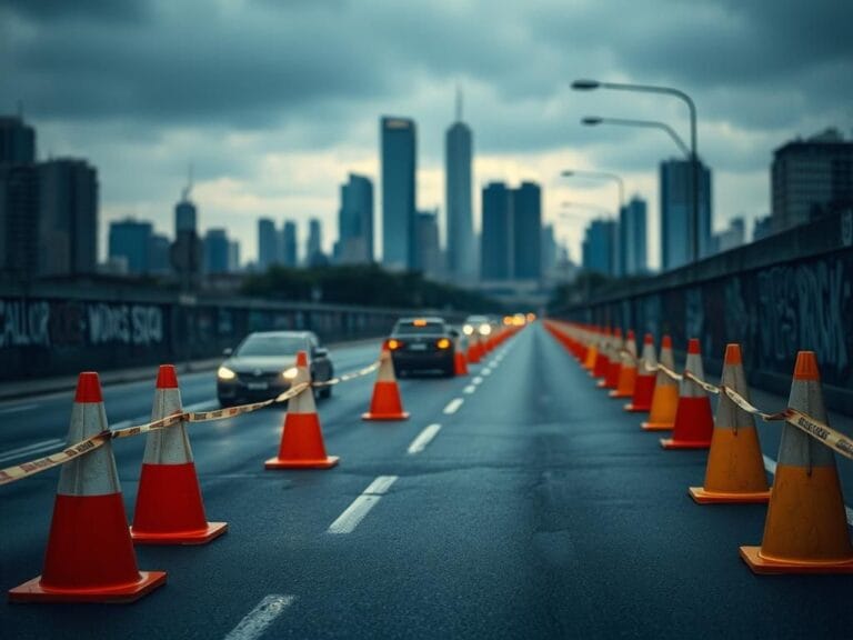 Flick International A long, empty roadway barricaded by colorful traffic cones and caution tape during a protest.