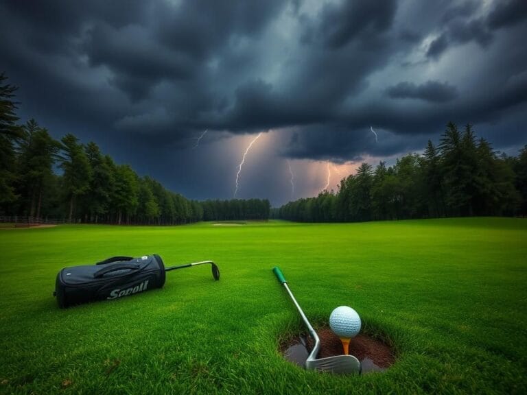 Flick International A serene golf course landscape with a dark sky and lightning