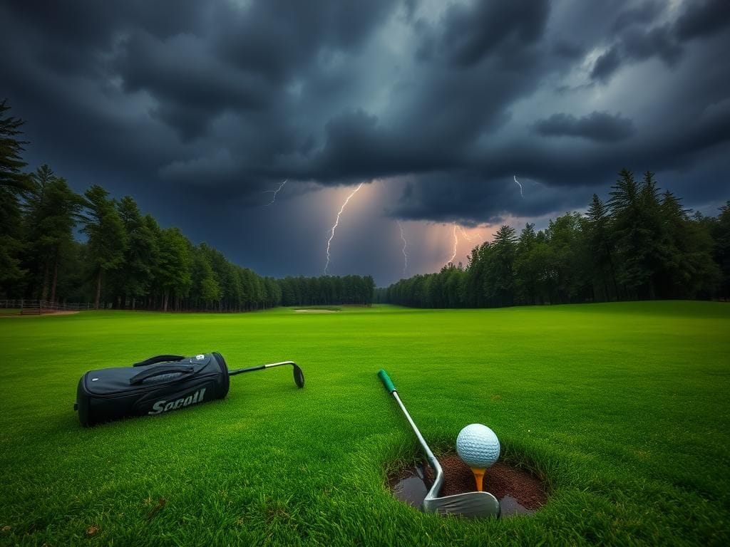 Flick International A serene golf course landscape with a dark sky and lightning