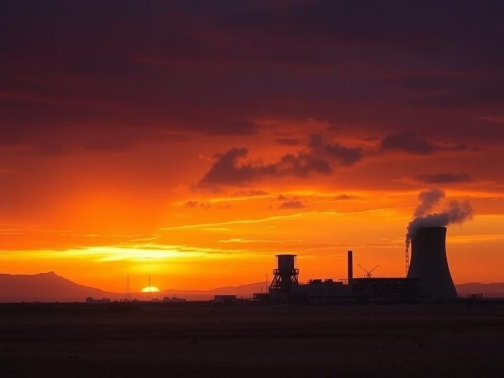 Flick International A dramatic sunset over desolate Iranian landscape with nuclear facilities in silhouette