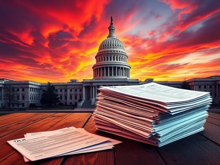 Flick International Dramatic sunset over Capitol building with tax forms in foreground