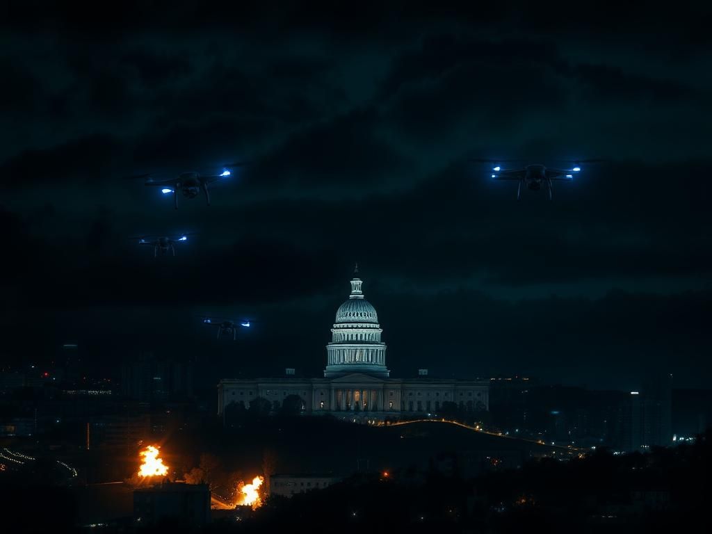 Flick International Dramatic nighttime cityscape featuring a silhouette of a government building with surveillance drones in flight