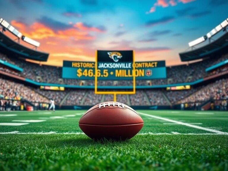 Flick International Vibrant football stadium filled with Jacksonville Jaguars colors celebrating Travis Hunter's rookie deal