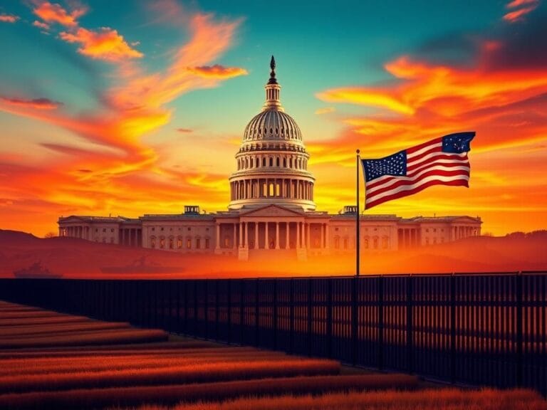 Flick International Majestic view of the U.S. Capitol building illuminated at sunset with a fortified border wall and military silhouettes